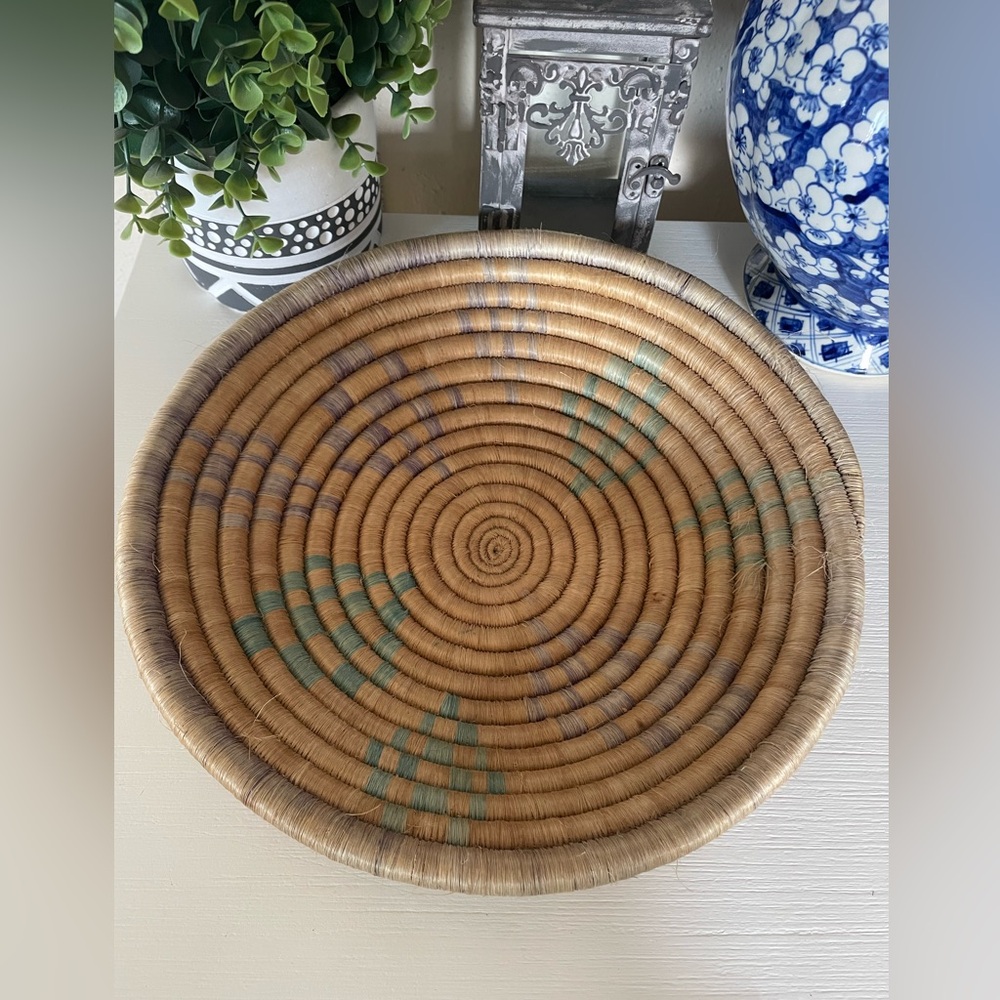 Vintage Handwoven round Coiled Basket Light purple teal Wall Hanging Boho 12”